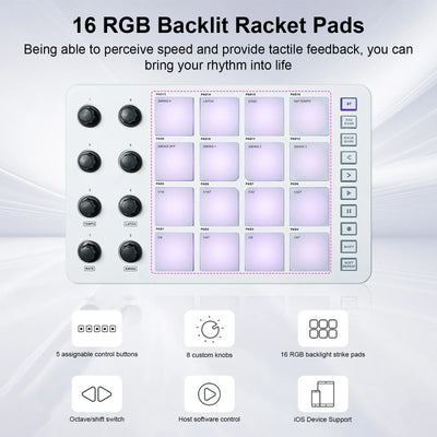 MIDI Controller Strike Pad RGB Backlight MIDI Keyboard BT Connection Low Latency 3.5mm Output Interface ith 16 Strike Pads