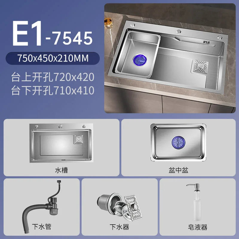 Ermo Sink Large Single Slot Stainless Steel Side Drain Vegetable Washing Basin Sink Under The Table Kitchen Household