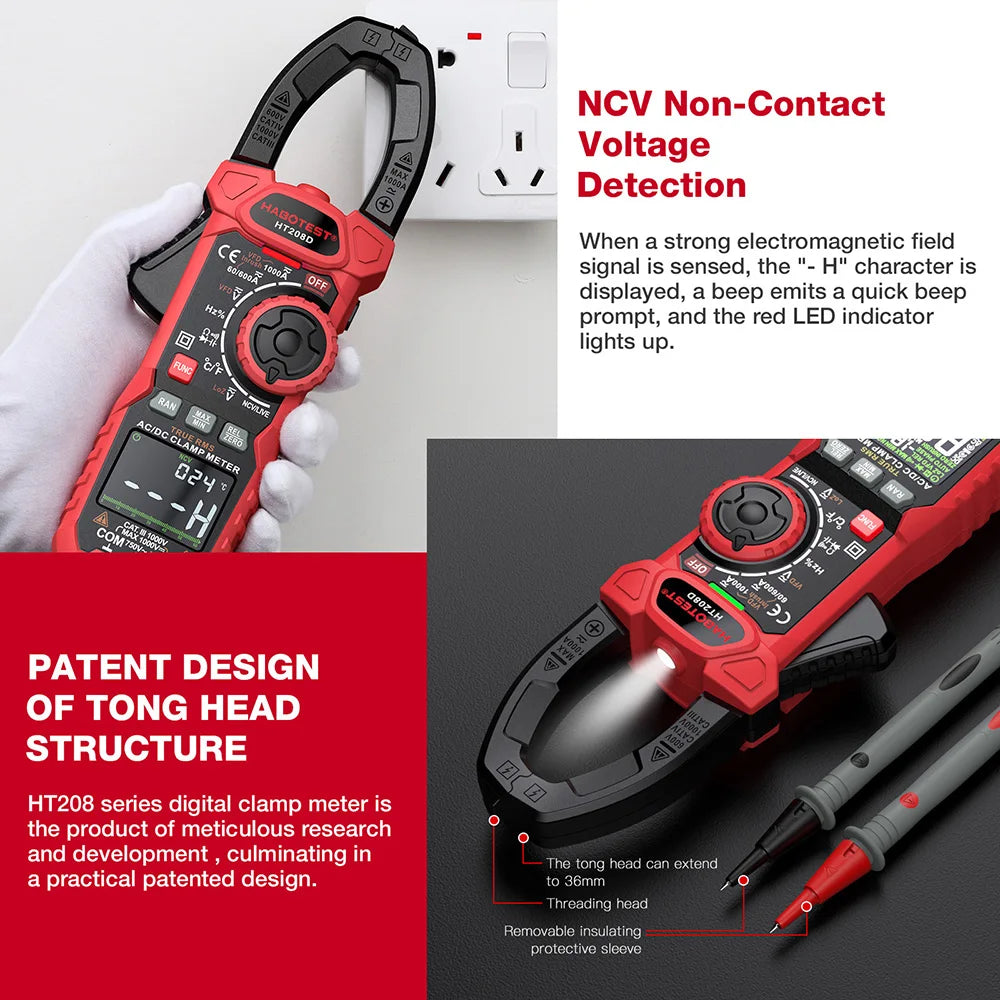 HT208A/D AC/DC Digital Clamp Meter Meter Multimeter Pinza Amperimetrica True RMS High Precision Capacitance NCV Ohm Hz Tester