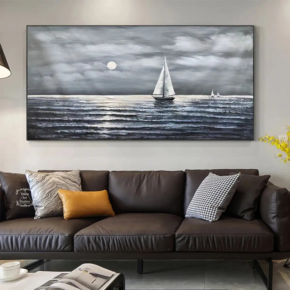 Large Abstract Sailboat Seascape Handmade Oil Painting on Canvas Textured Wall Art Original Blue Ocean Landscape Room Decor Art