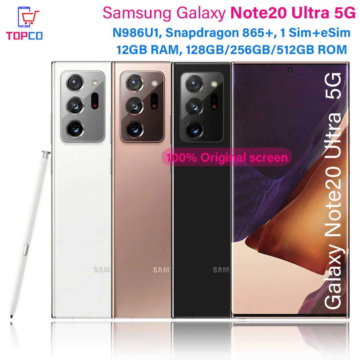 Samsung Galaxy Note 20 Ultra 5G Note20 N986U1 128G/256G/512GB Octa Core Snapdragon 865+ 6.9" 12GB 108MP&Dual 12MP CellPhone eSim