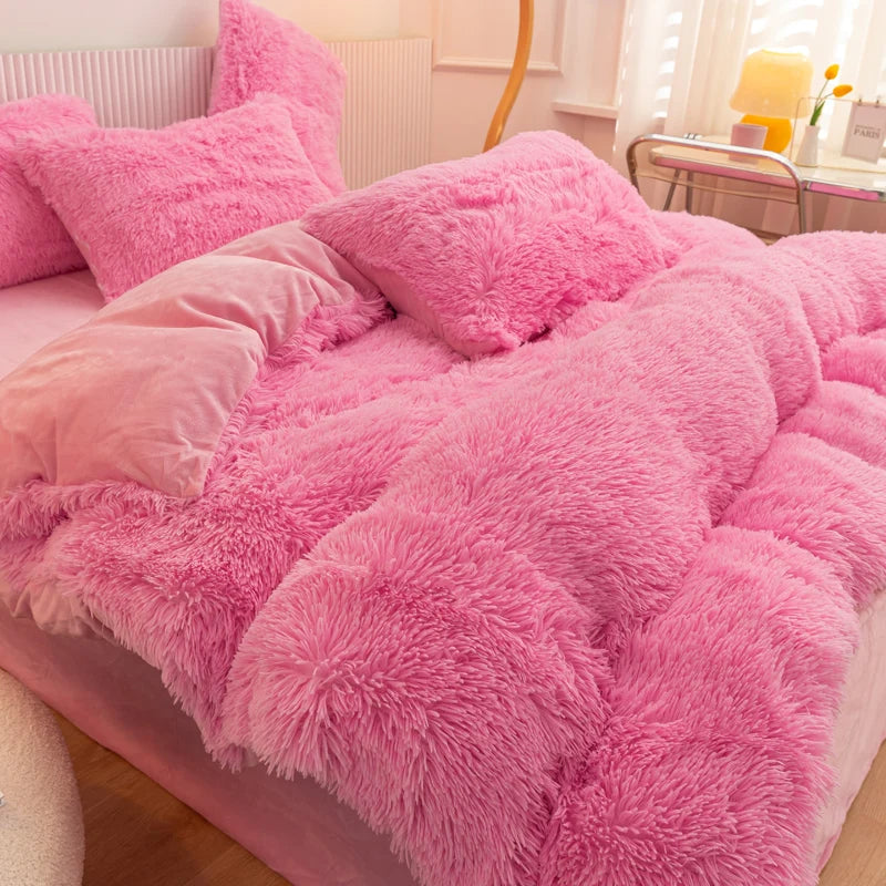 Super Shaggy Quilt Cover Super Warm Bed Plush Velvet Bedding Set Lamb Wool Cashmere Duvet Cover Pillowcase Girls Princess