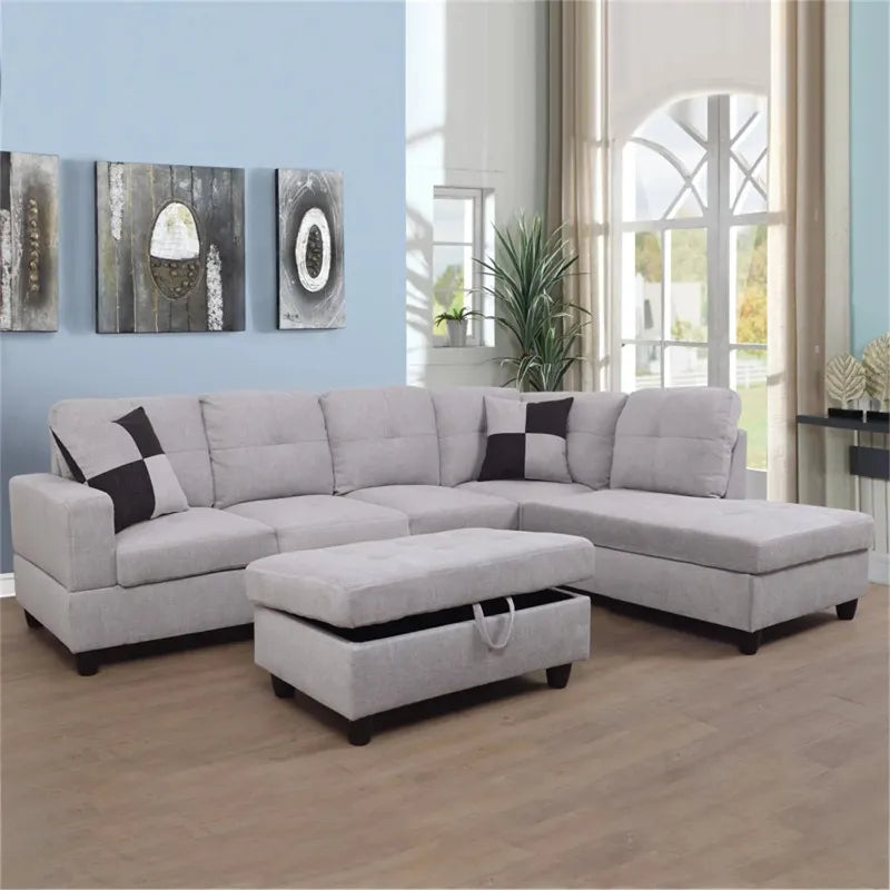 Hommoo Couch Sofa Set, Modern L-Shaped Sofa for Living Room, Flannel Sectional Sofa Set for Apartment, Off-White(Without Ottoman