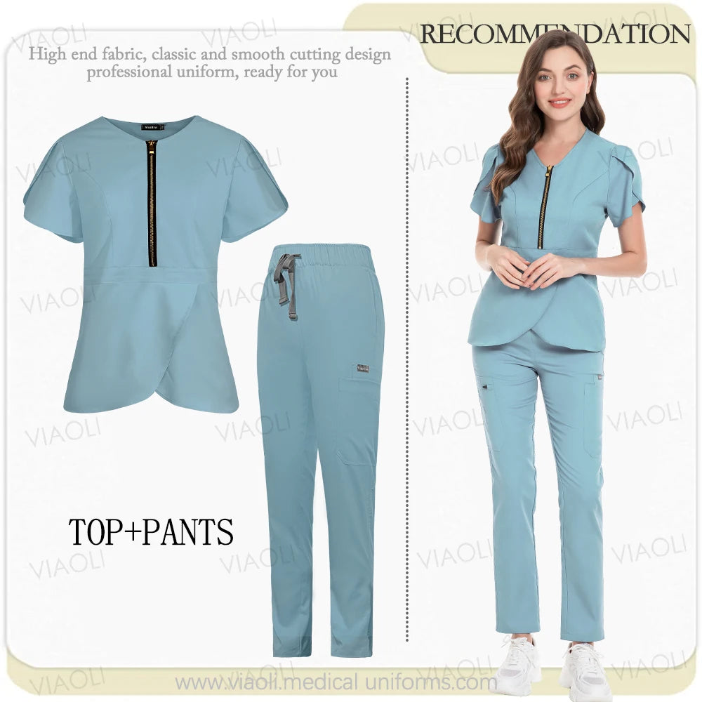 Medical Scrub Set Beauty Hospital Surgical Uniforms Women Scrub Tops Pants Nurses Accessories Dental Clinic Pet Workwear Clothes