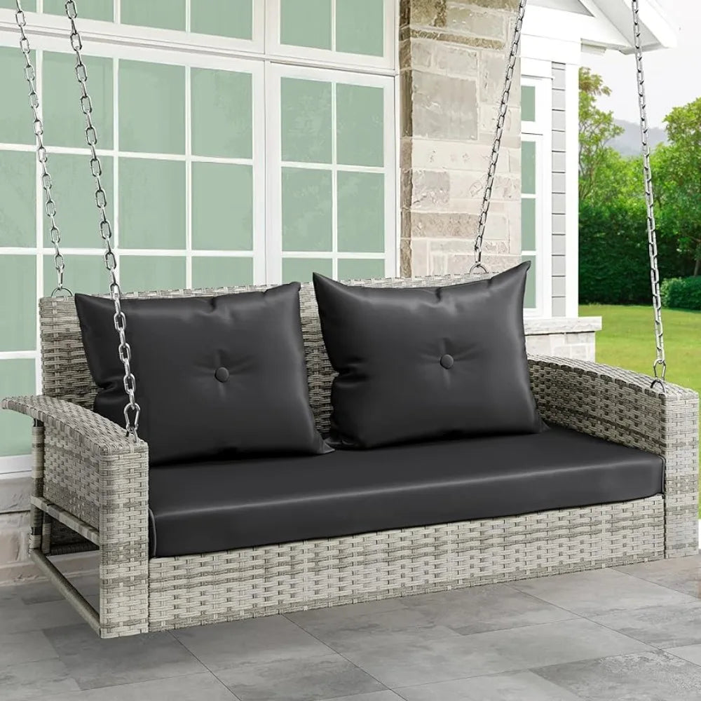 Garden Chair Swing Chair Outdoor Grey Rattan Patio Swing For Garden, Balcony, Living Room, Grey Rattan Black Cushions