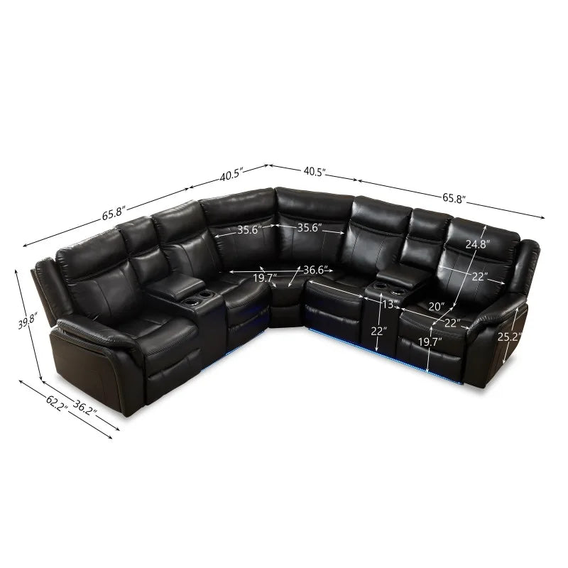 Faux Leather Upholstered Power Curved Living Room Chaise Reclining Sectional Power reclining Sectional W/LED strip