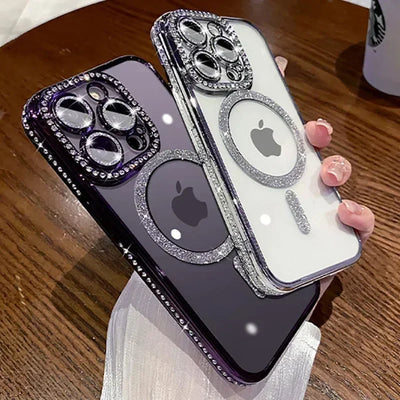 Luxury Diamond Glitter Clear Plating Case  Shockproof Magnetic Wireless Charging Cover For iPhone  Pro Max 15