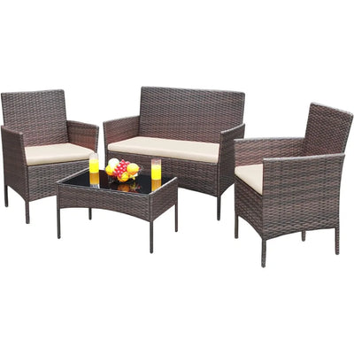 Patio furniture 4 piece set outdoor wicker rattan chair garden backyard balcony two-seater sofa with upholstery, brown and beige