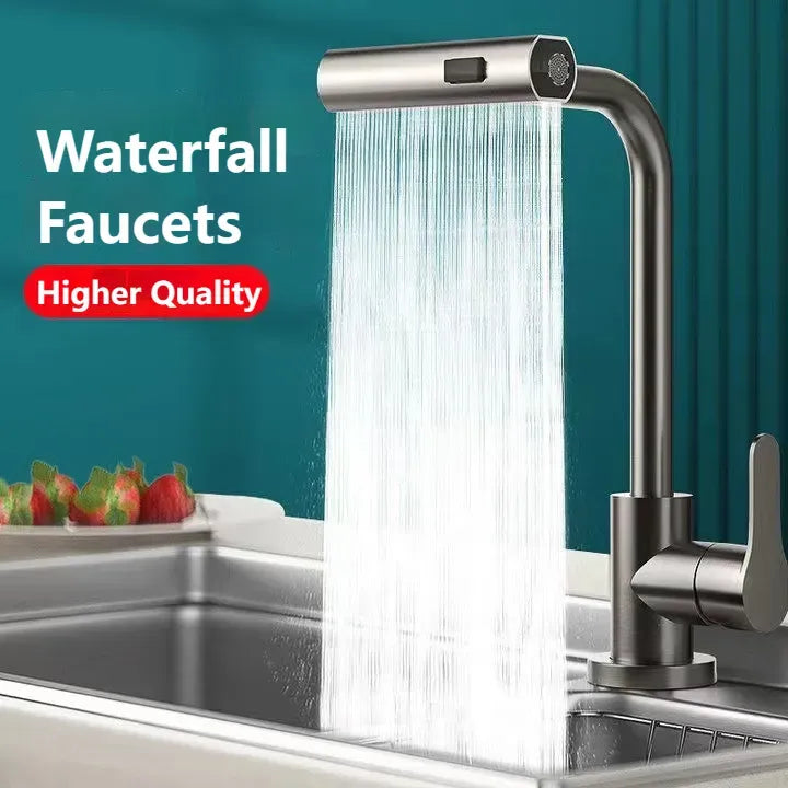 Waterfall Kitchen Faucets Pull Out Hot Cold Mixer Rainfall Spray Bathroom Basin Sink Faucet 3 Model Rotation Stainless Steel Tap