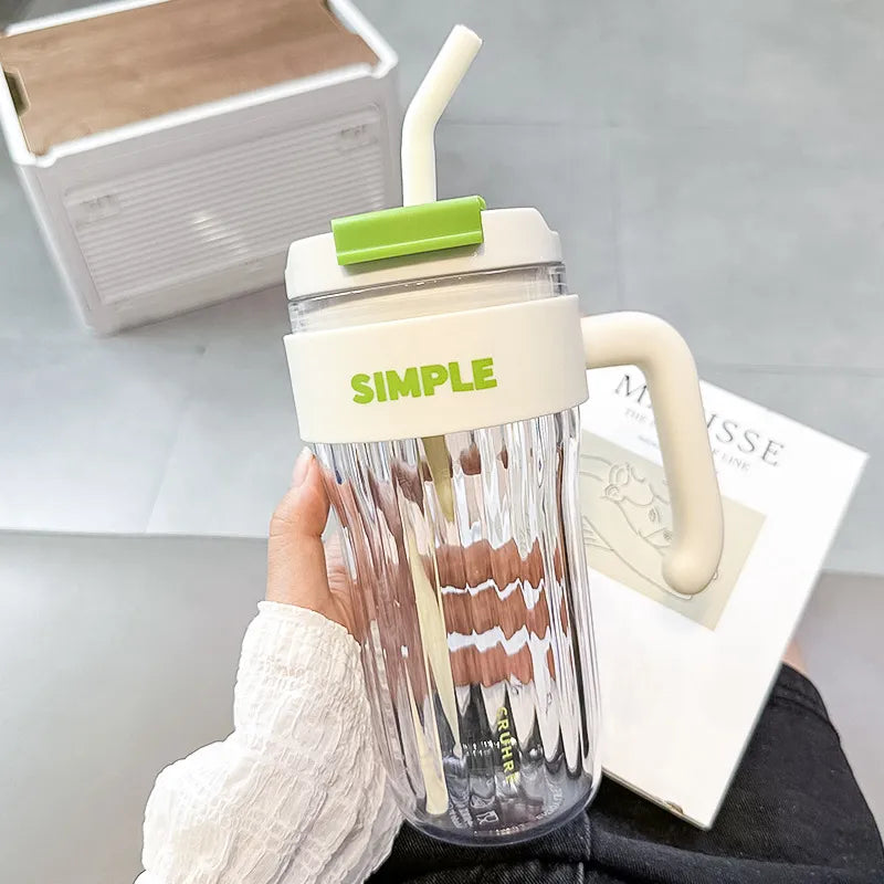 920ml Large Capacity Plastic Water Cup Striped Transparent Straw Coffee Cup High Temperature Resistant Water Bottle With Handle