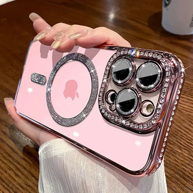 Luxury Diamond Glitter Clear Plating Case  Shockproof Magnetic Wireless Charging Cover For iPhone  Pro Max 15