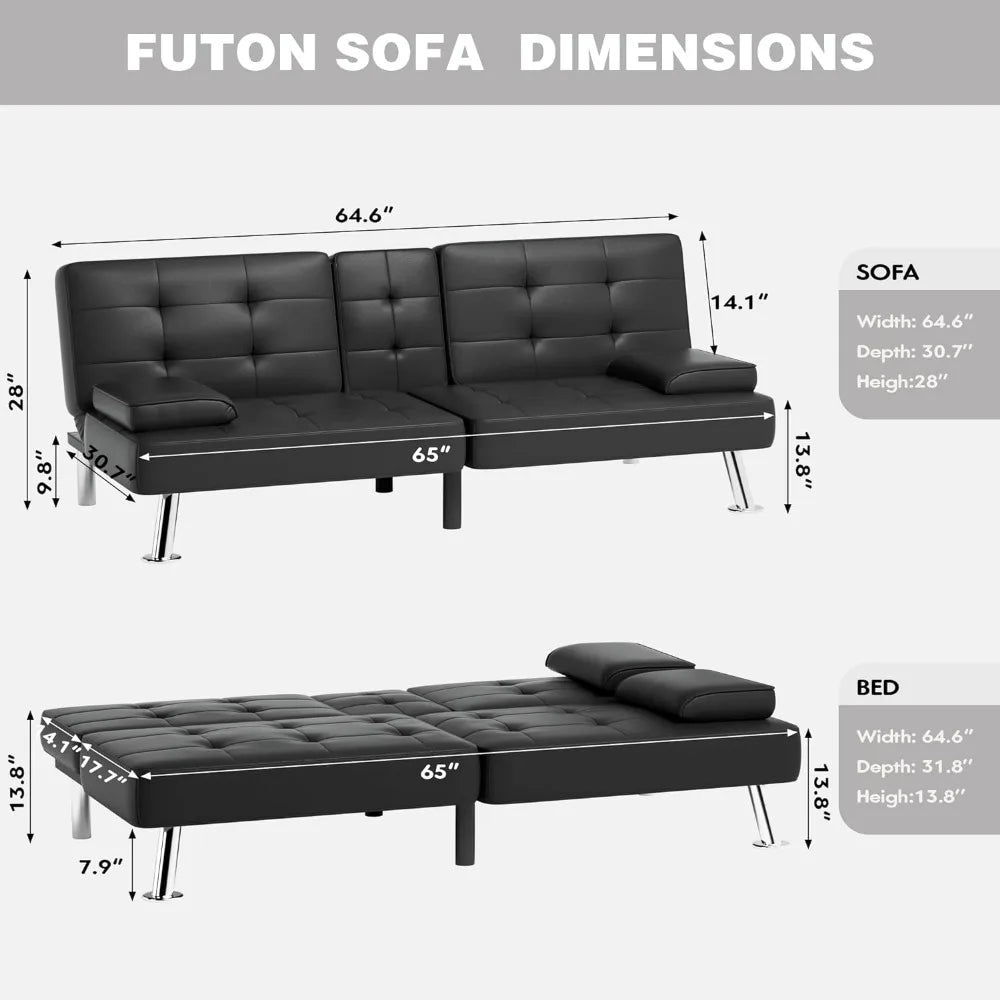 Faux Leather Upholstered Modern Convertible Folding Futon Sofa Bed with Removable Armrests Adjustable Recliner