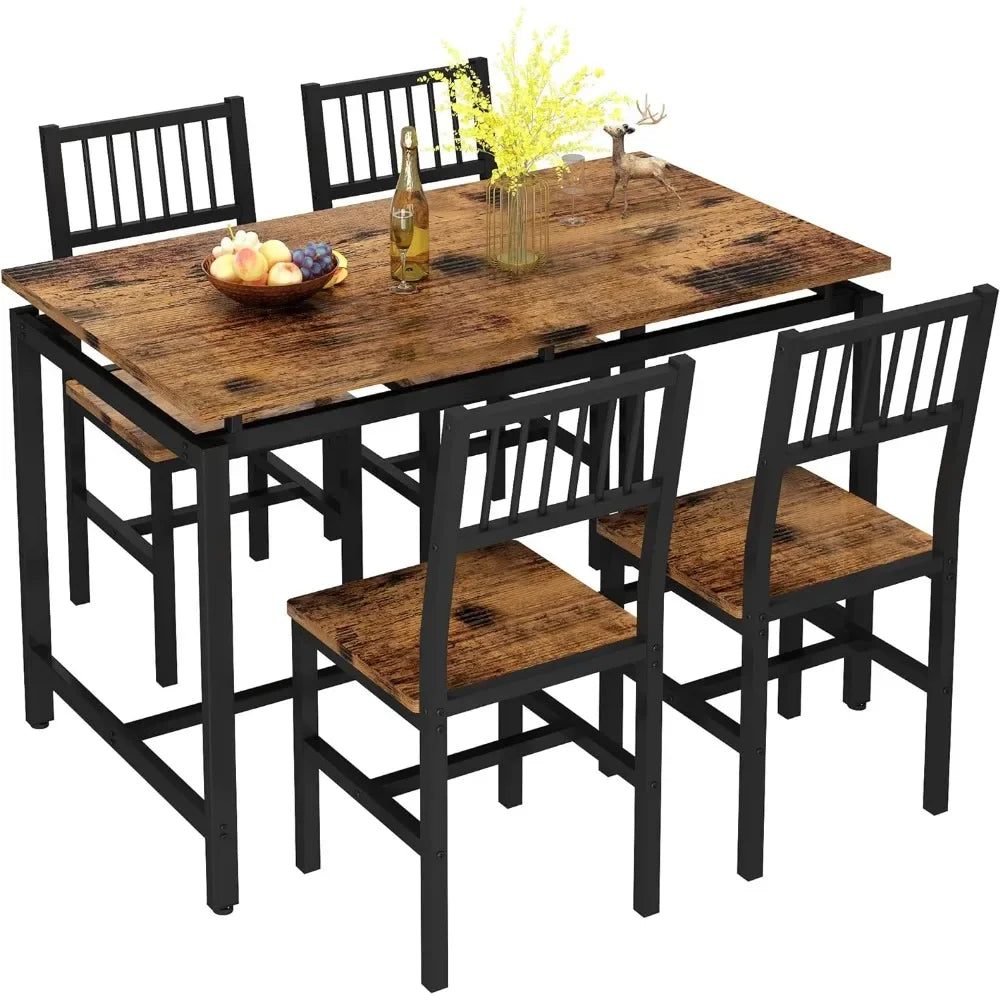 Kitchen Table and Chair Set, 5-piece Dining Table Set Wooden Table and 4 Chairs with Backrests for Dining Room, Living Room