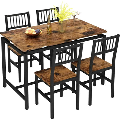 Kitchen Table and Chair Set, 5-piece Dining Table Set Wooden Table and 4 Chairs with Backrests for Dining Room, Living Room