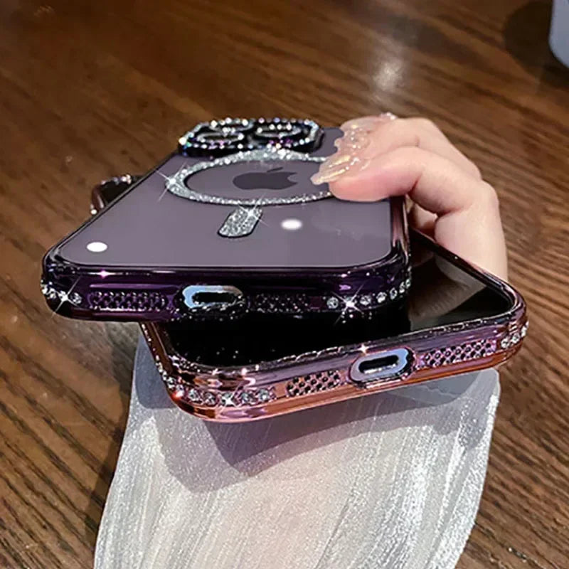 Luxury Diamond Glitter Clear Plating Case  Shockproof Magnetic Wireless Charging Cover For iPhone  Pro Max 15