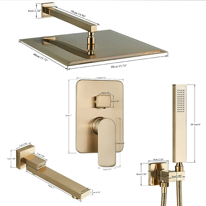 Brushed Gold Concealed Shower Faucet Set Embedded Cartridge Faucet Rainfall Shower Head Rotate/Waterfall Bath Spout Mixer Tap