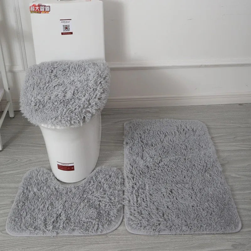 3pcs/set Solid Color Bathroom Mat Set Fluffy Hairs Bath Carpets Modern Toilet Lid Cover Rugs Kit Rectangle