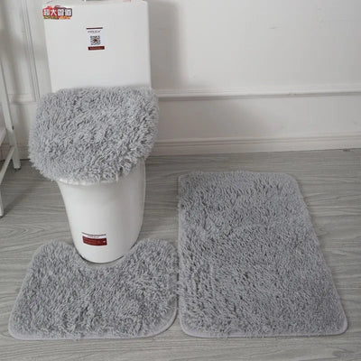 3pcs/set Solid Color Bathroom Mat Set Fluffy Hairs Bath Carpets Modern Toilet Lid Cover Rugs Kit Rectangle