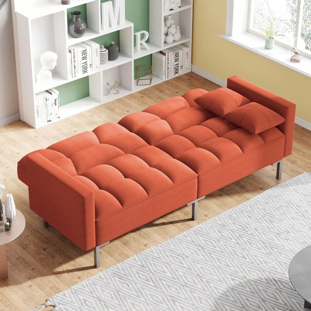 Modern Linen Fabric Convertible Upholstered Sofa Couch Bed with Adjustable Back for Living Room,Apartment,Office,Orange