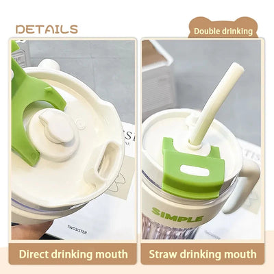 920ml Large Capacity Plastic Water Cup Striped Transparent Straw Coffee Cup High Temperature Resistant Water Bottle With Handle