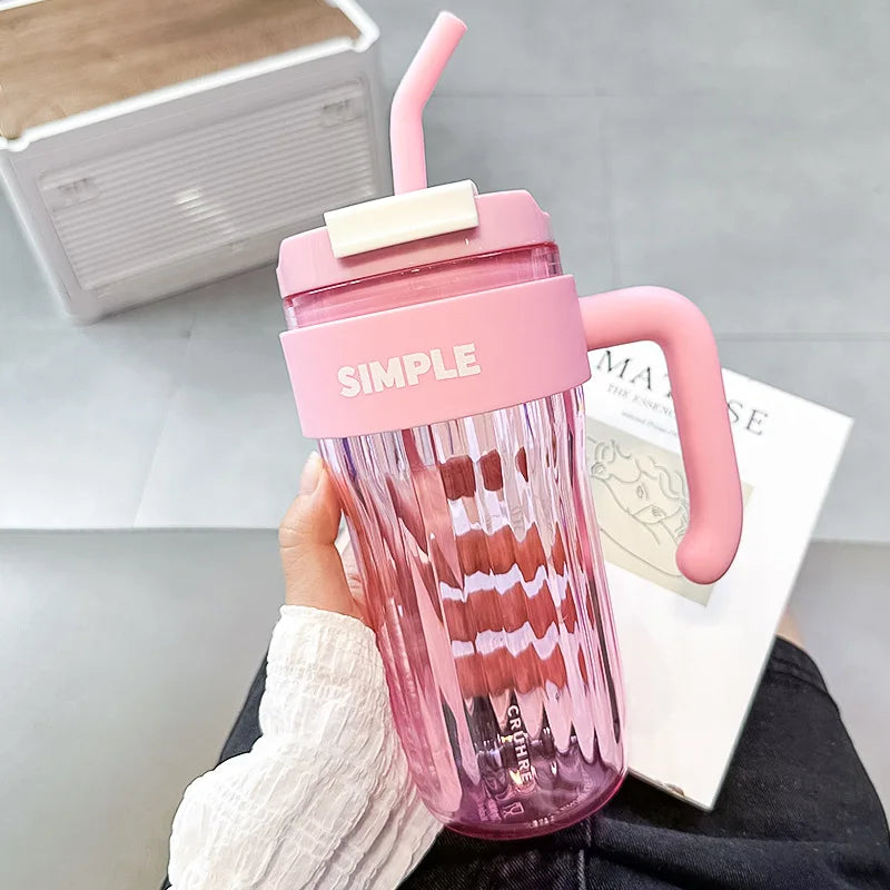 920ml Large Capacity Plastic Water Cup Striped Transparent Straw Coffee Cup High Temperature Resistant Water Bottle With Handle