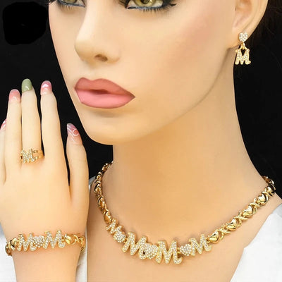 XOXO Women Necklace Set 18K Gold Plated Bride M&M Crystal Wedding Necklace Earrings Bracelet Ring Jewelry Set Party Gift