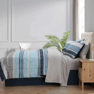 Blue Stripe 7 Piece Bed in a Bag Comforter Set with Sheets bed set  bedding set Home Textile