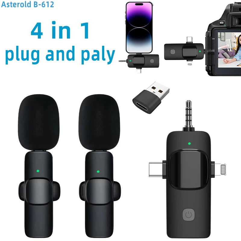 Professional 4 In 1 Wireless Lavalier Microphone for iPhone Android 3.5mm for radio Live Recording Noise Reduction Mini Microph