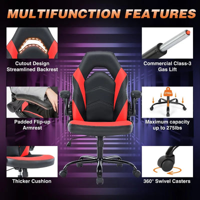 New Computer Gaming Office Chair with Lumbar Support and Flip-up Armrest Wheels