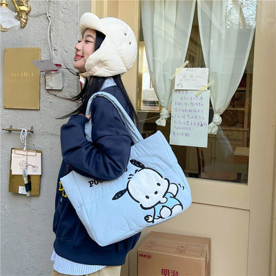 Sanrio Handbag Cartoon Cute Down Fabric Kuromi Tote Bag Shoulder Pacha Dog Cute