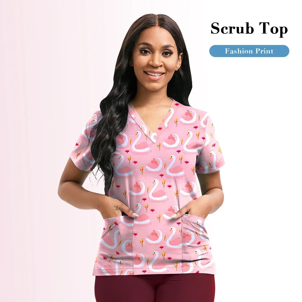 Nursing Scrubs Top Women Working Uniform Blouse Short Sleeve V-neck Printing Uniform Clothes Nurses Accessories Unisex