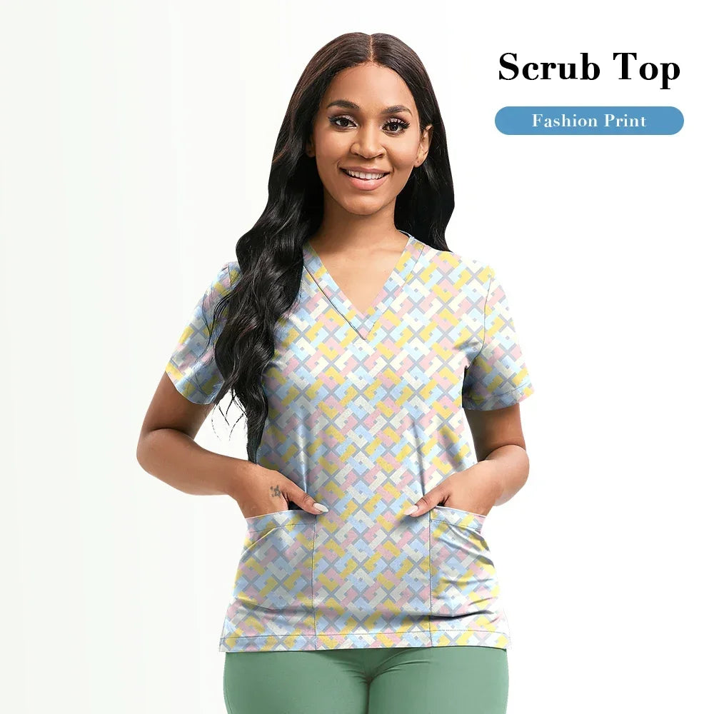 Nursing Scrubs Top Women Working Uniform Blouse Short Sleeve V-neck Printing Uniform Clothes Nurses Accessories Unisex