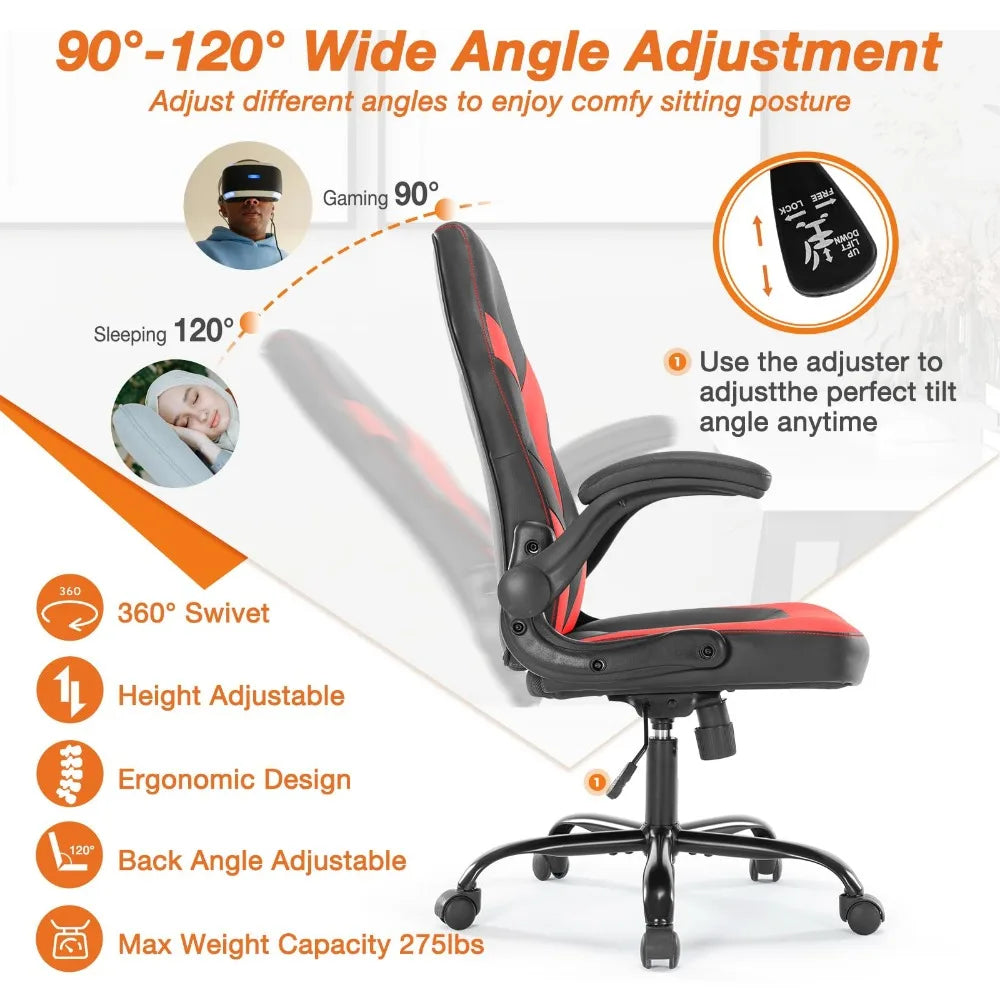 New Computer Gaming Office Chair with Lumbar Support and Flip-up Armrest Wheels