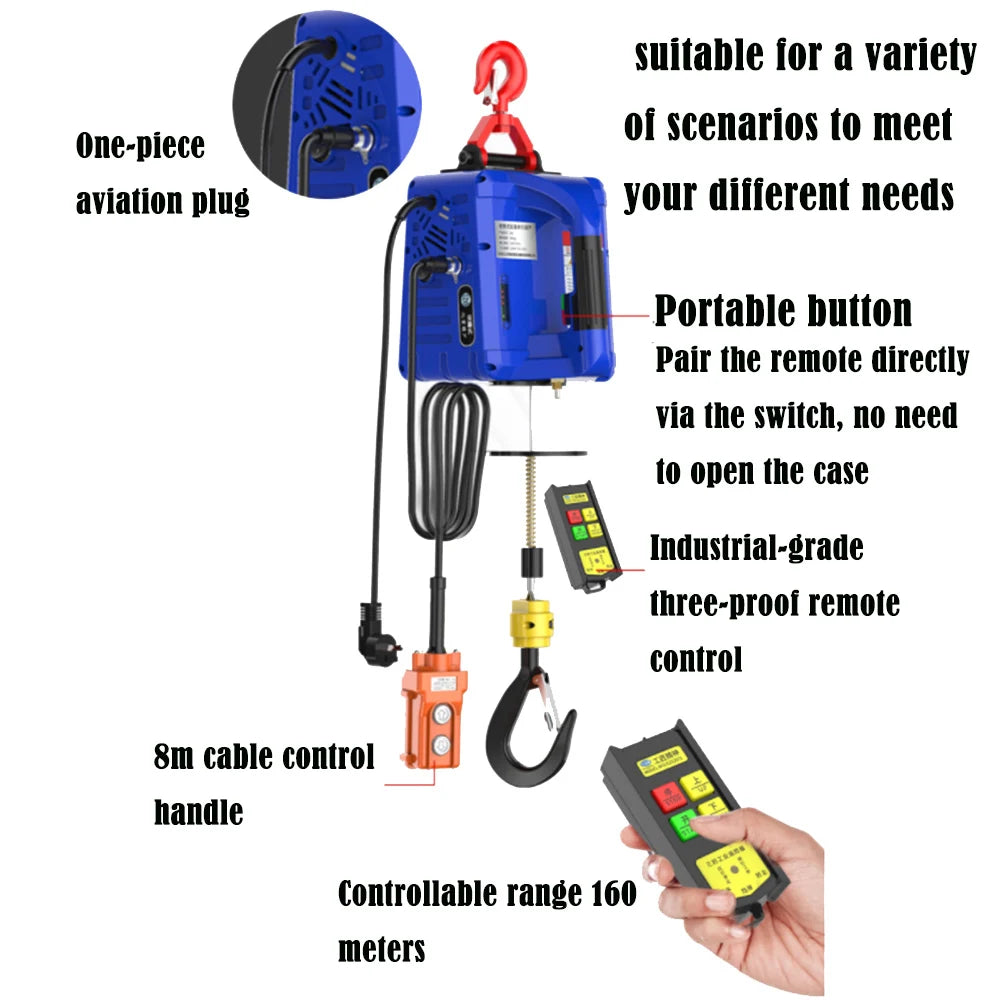 Electric hoist Portable electric hand winch traction block electric steel wire rope lifting hoist towing rope 220V/110V