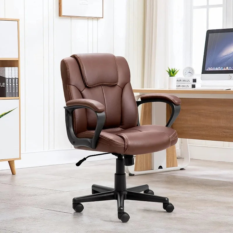 Executive Office Chair Swivel Task Seat with Ergonomic Mid-Back, Waist Support, PU Leather, Brown Office Furniture