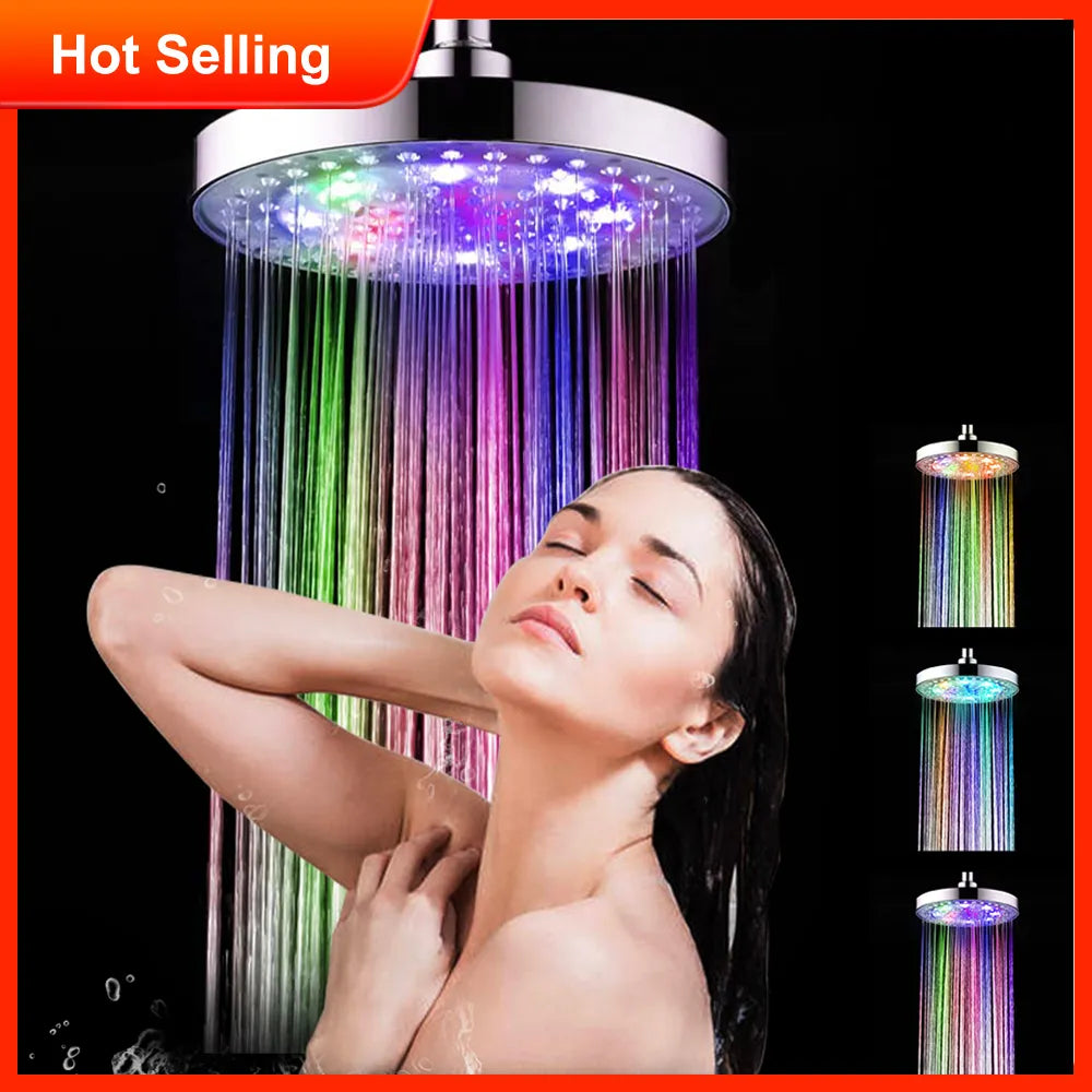 RGB LED Light Shower Head Round Automatic Changing Water Saving Rain High Pressure Bathroom Rainfall