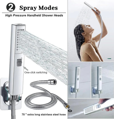 High Pressure 6'' Rain Shower Head with Two-in-One Handhead Shower, Equipped 78" Extra Long Hose, 3-Way Diverter, Adhesive Showe