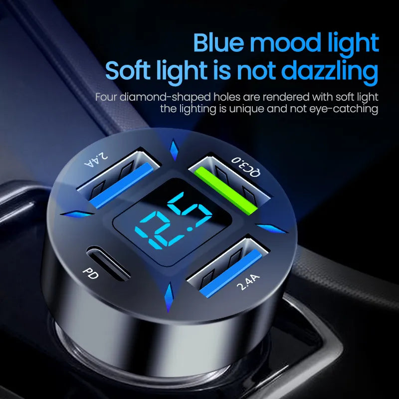 66W 4 Ports USB Car Charger Fast Charging PD Quick Charge 3.0 USB C Car Phone Charger Adapter For iPhone  Xiaomi Samsung