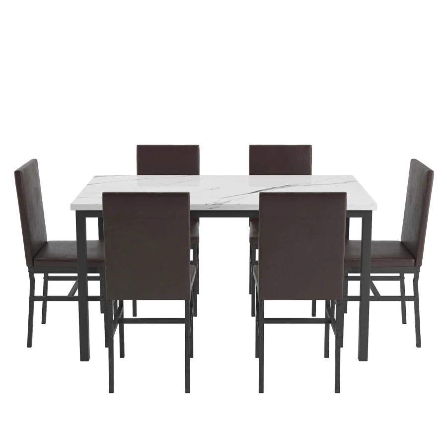 Modern 7 Pieces Dining Set,7-Piece Kitchen Table Set with Marble Top, 6 Durable dark brown faux leather upholstery Chairs