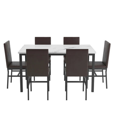 Modern 7 Pieces Dining Set,7-Piece Kitchen Table Set with Marble Top, 6 Durable dark brown faux leather upholstery Chairs