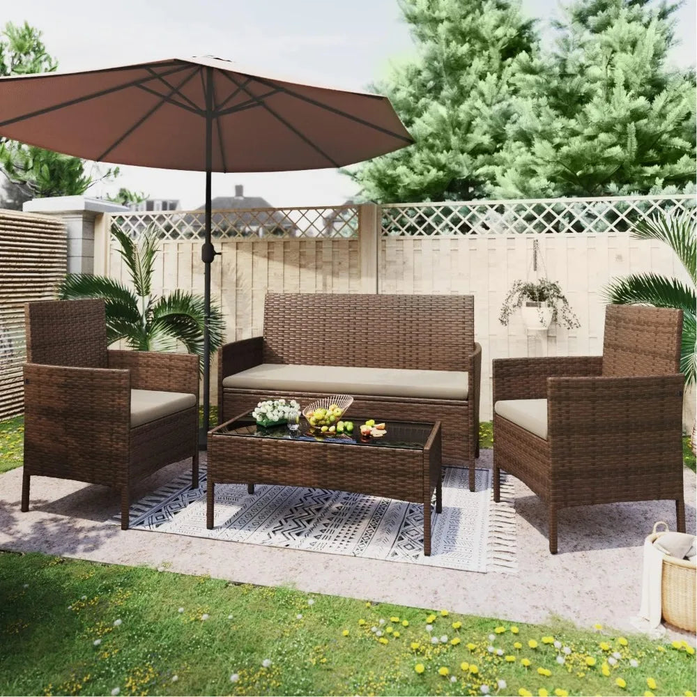 Patio furniture 4 piece set outdoor wicker rattan chair garden backyard balcony two-seater sofa with upholstery, brown and beige