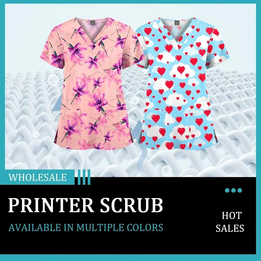 Nursing Scrubs Top Women Working Uniform Blouse Short Sleeve V-neck Printing Uniform Clothes Nurses Accessories Unisex