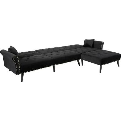 Velvet Convertible Sofa, Modern L-shaped Spike-head Corner Sofa, Reversible Chaise Longue with 2 Pillows and Living Room