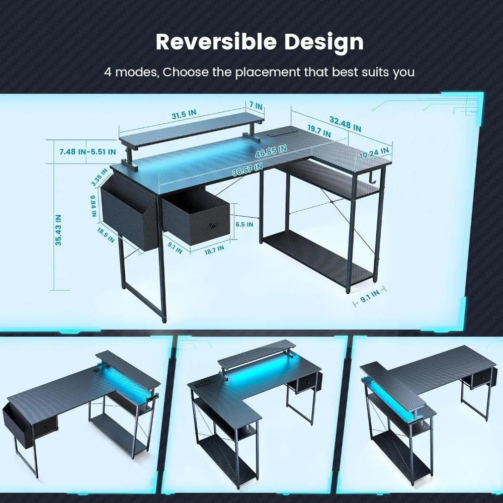 L Shaped Gaming Desk, 47 inch Computer Desk with LED Lights & Adjustable Stand, Power Outlets & Storage Drawer