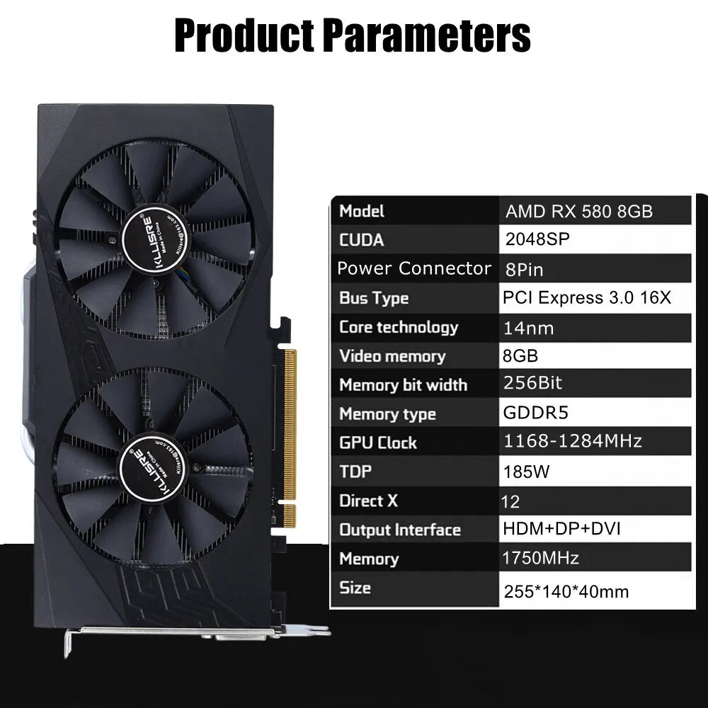 Kllisre Graphics Cards AMD RX 580 8GB GDDR5 GPU Video Card 256Bit 2048SP Computer VGA RX580