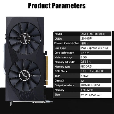 Kllisre Graphics Cards AMD RX 580 8GB GDDR5 GPU Video Card 256Bit 2048SP Computer VGA RX580