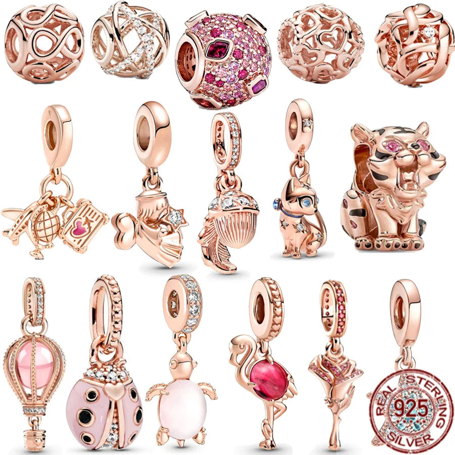 NEW Rose Gold Flamingo Turtle Angel Rose Dangle Bead 925 Sterling Silver Charm Fit Original Pandora Bracelet DIY Jewelry Gift