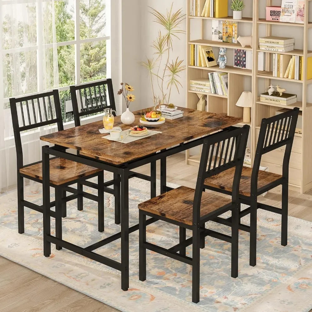 Kitchen Table and Chair Set, 5-piece Dining Table Set Wooden Table and 4 Chairs with Backrests for Dining Room, Living Room