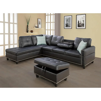 Faux Leather Upholstered Sectional Sofa with Removable Ottoman,L-Shape 6 Seat Sectional Couch for Living Room, Apartment,