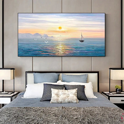 Large Abstract Sailboat Seascape Handmade Oil Painting on Canvas Textured Wall Art Original Blue Ocean Landscape Room Decor Art